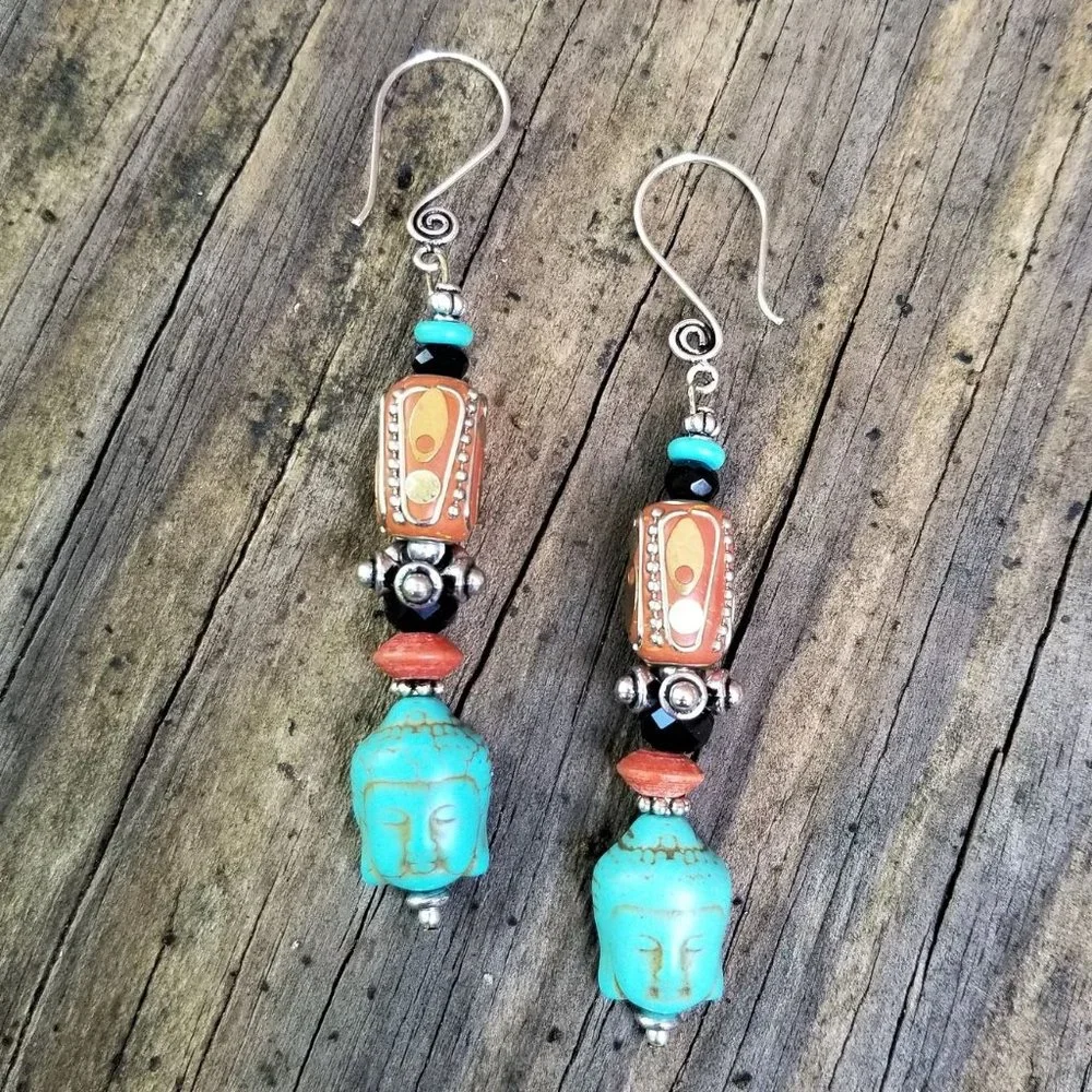 Artisan Hand Crafted Earrings Buddha Turquoise Russet Silver Black Beads Pierced - Picture 6 of 7